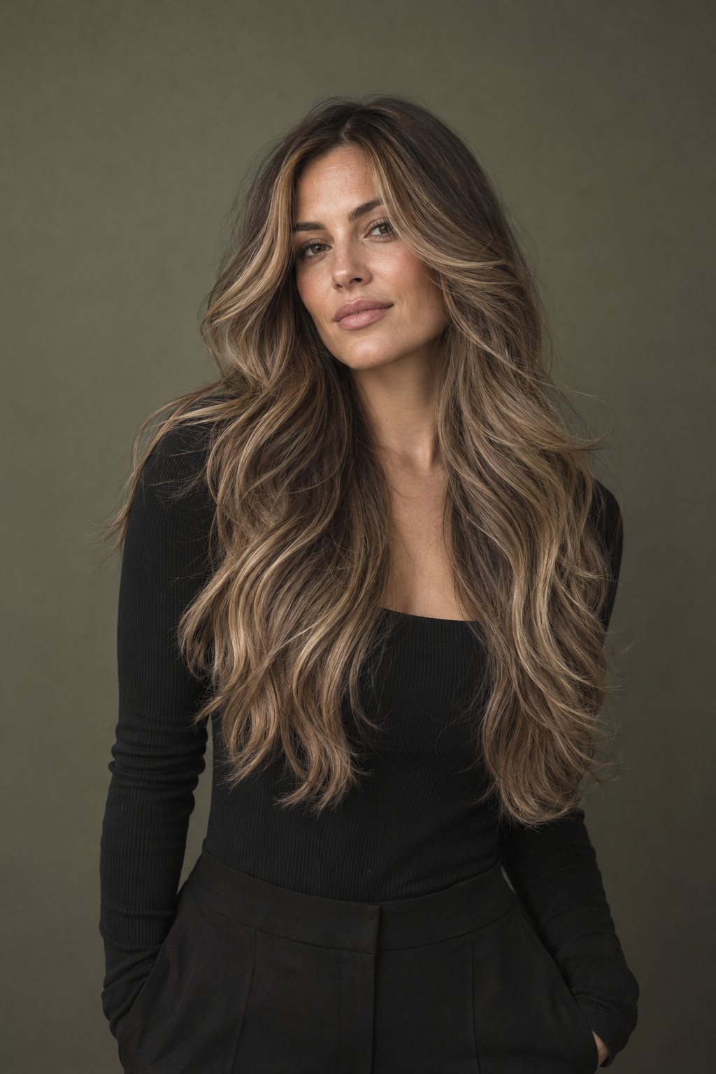 AI-generated hair inspiration with dimensional bronde balayage and flowing layers